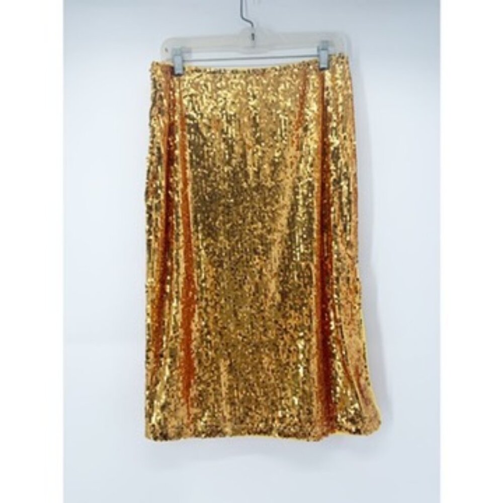 Allegra K Sequin Champagne Gold Side Slit High Waist Party Midi Skirt L - Picture 2 of 9
